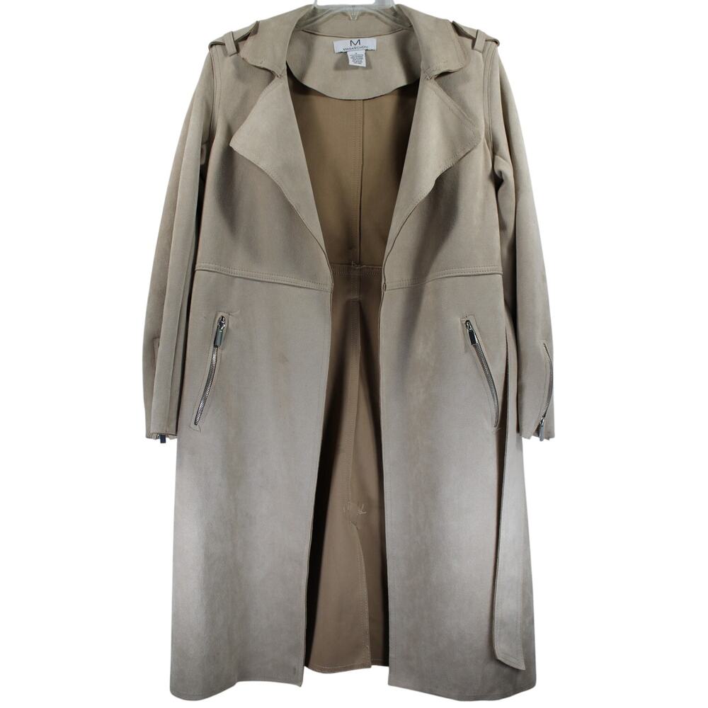 Magaschoni Faux Suede Belted Trench Coat Taupe Zip Pockets Size S